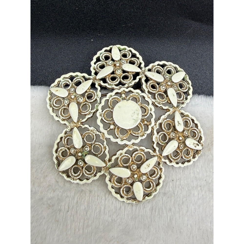 Vintage Florenza Enamel Brooch Brushed Gold Signed